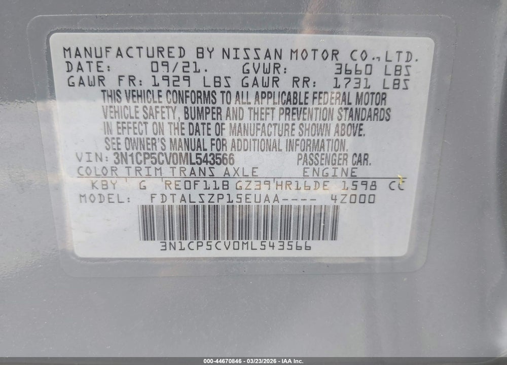 2021 NISSAN KICKS SV XTRONIC CVT VIN: 3N1CP5CV0ML543566