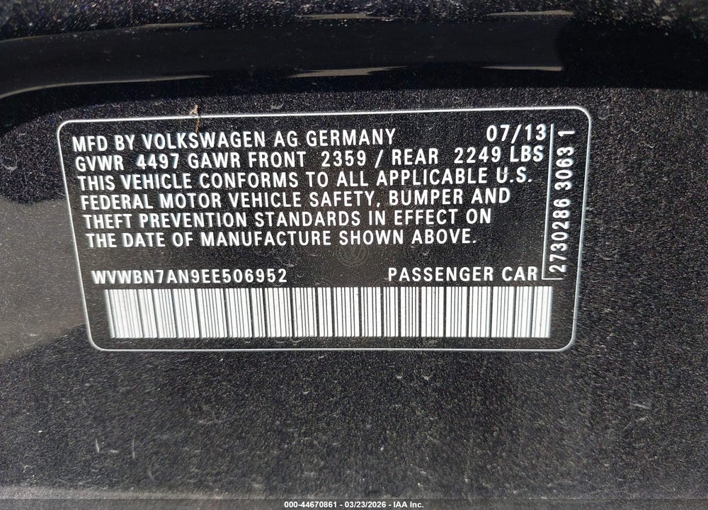 2014 VOLKSWAGEN CC 2.0T SPORT VIN: WVWBN7AN9EE506952