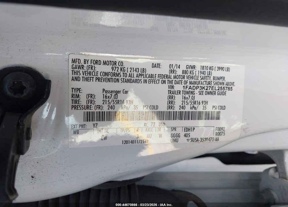 2014 FORD FOCUS SE VIN: 1FADP3K27EL255785