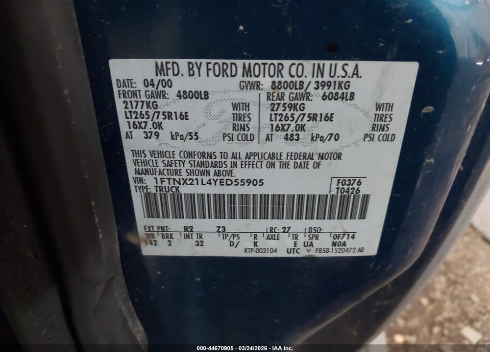 2000 FORD F-250 LARIAT/XL/XLT VIN: 1FTNX21L4YED55905