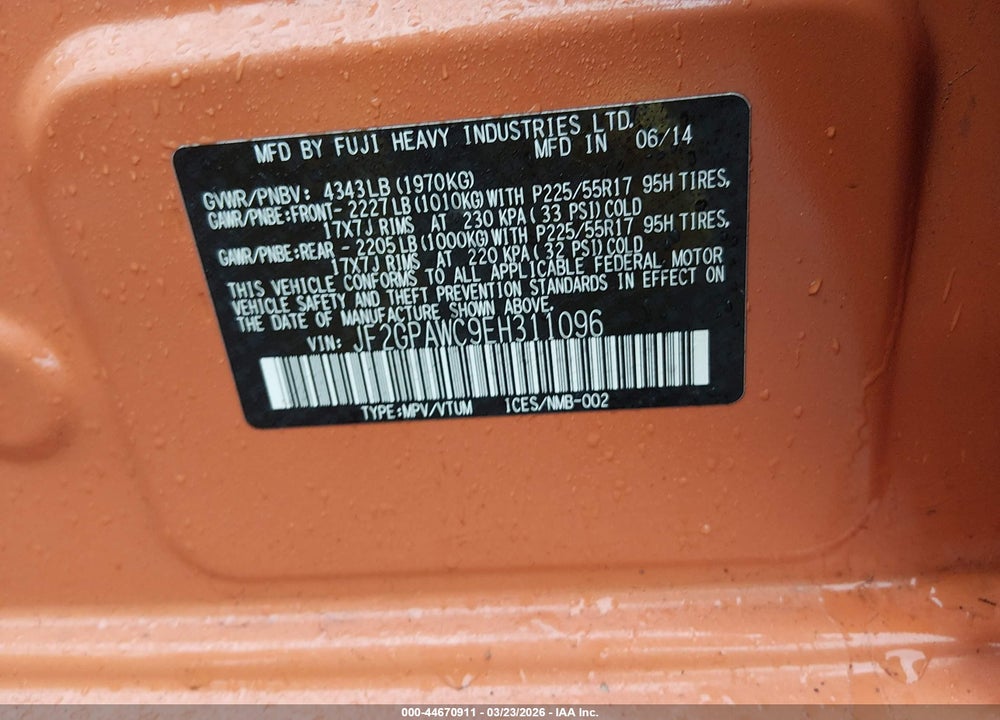 2014 SUBARU XV CROSSTREK 2.0I PREMIUM VIN: JF2GPAWC9EH311096