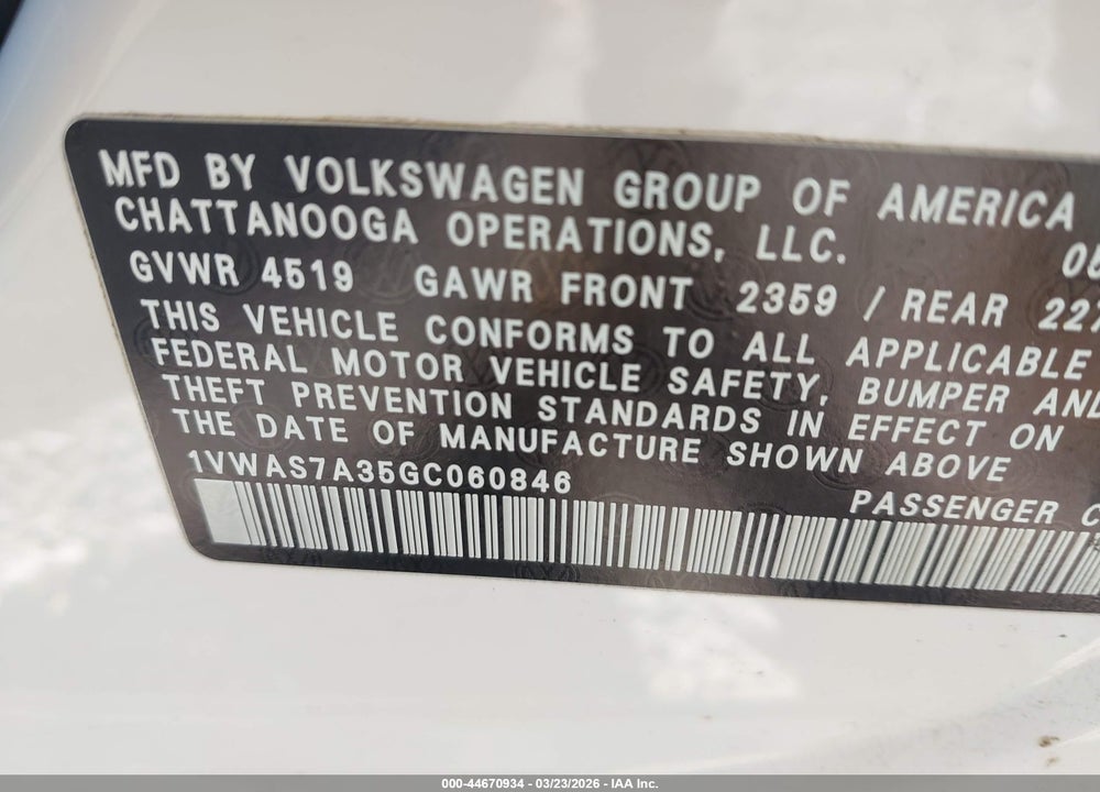 2016 VOLKSWAGEN PASSAT 1.8T R-LINE VIN: 1VWAS7A35GC060846