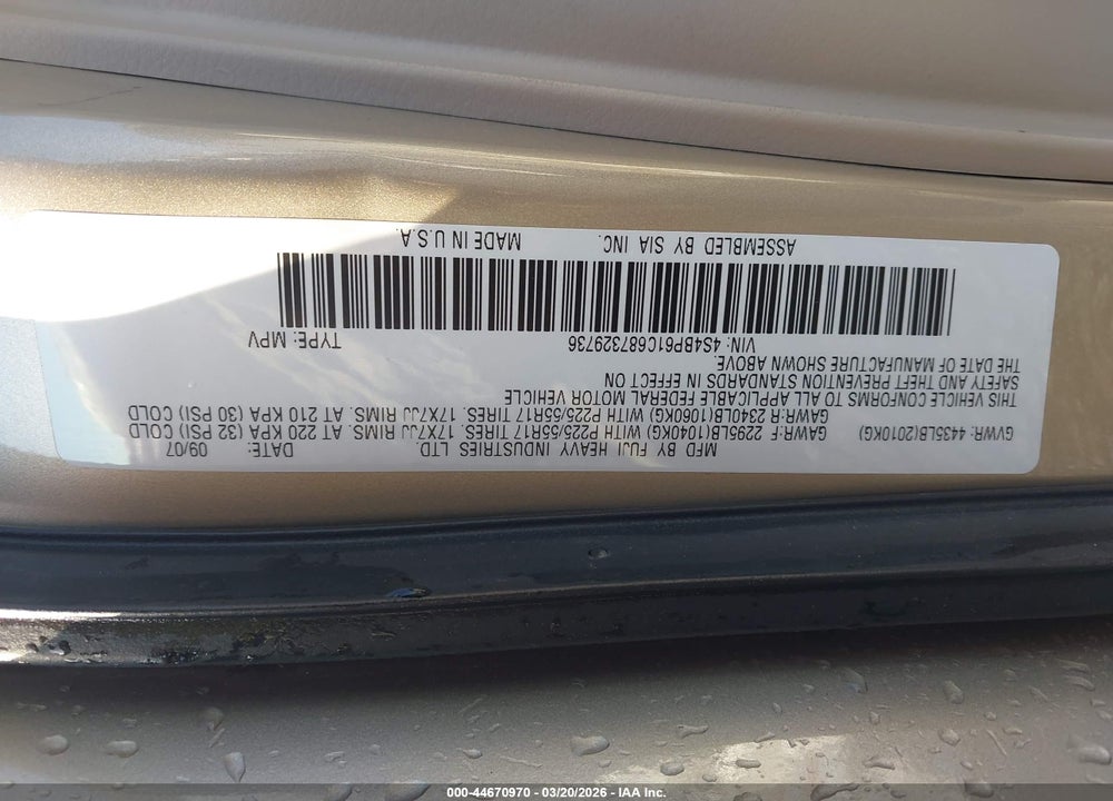 2008 SUBARU OUTBACK 2.5I/2.5I L.L. BEAN EDITION VIN: 4S4BP61C687329736