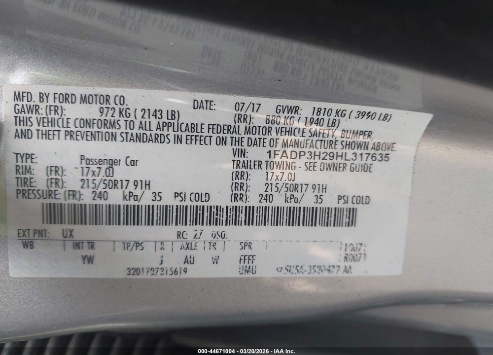 2017 FORD FOCUS SEL VIN: 1FADP3H29HL317635