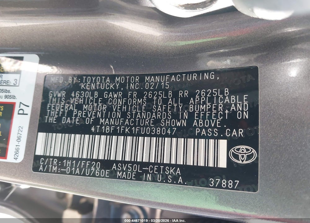 2015 TOYOTA CAMRY SE VIN: 4T1BF1FK1FU038047
