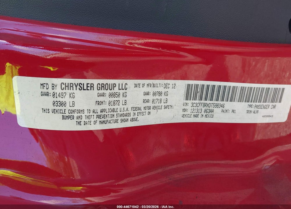 2013 FIAT 500 SPORT VIN: 3C3CFFBRXDT598346
