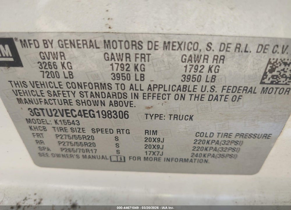 2014 GMC SIERRA 1500 SLT VIN: 3GTU2VEC4EG198306