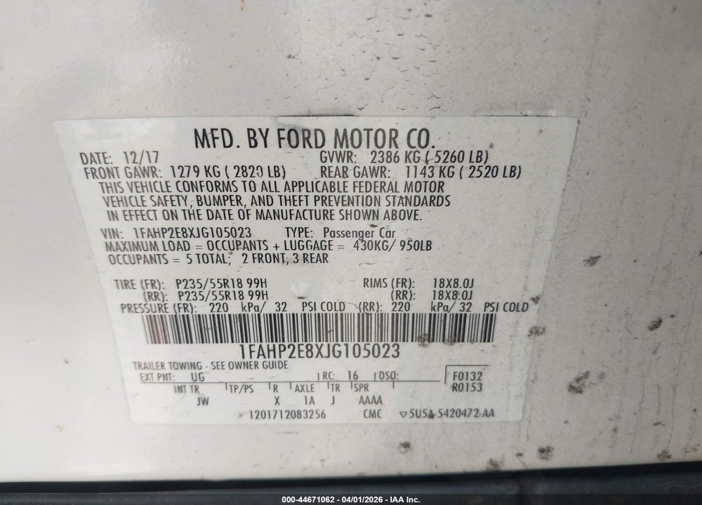 2018 FORD TAURUS SEL VIN: 1FAHP2E8XJG105023
