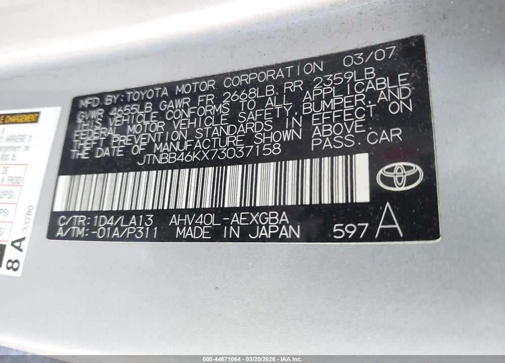 2007 TOYOTA CAMRY HYBRID VIN: JTNBB46KX73037158