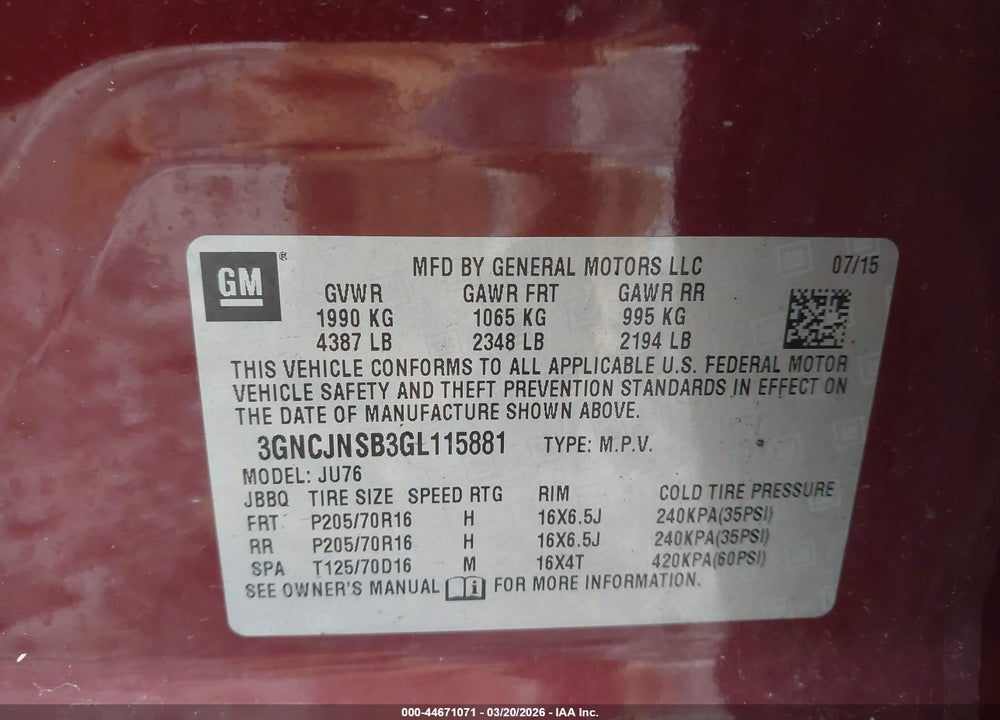 2016 CHEVROLET TRAX 1LS VIN: 3GNCJNSB3GL115881