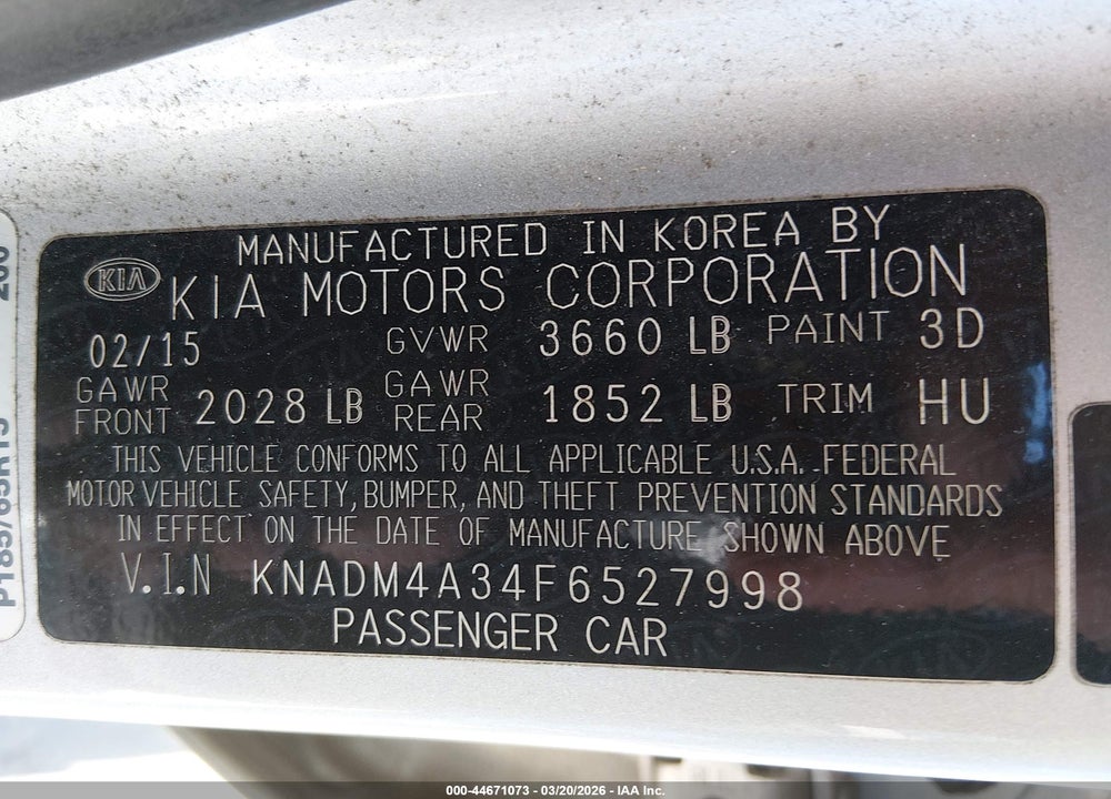 2015 KIA RIO LX VIN: KNADM4A34F6527998