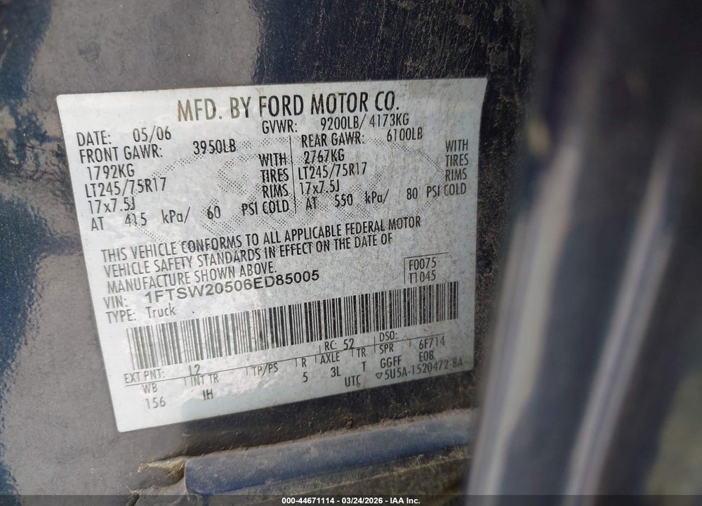 2006 FORD F-250 LARIAT/XL/XLT VIN: 1FTSW20506ED85005