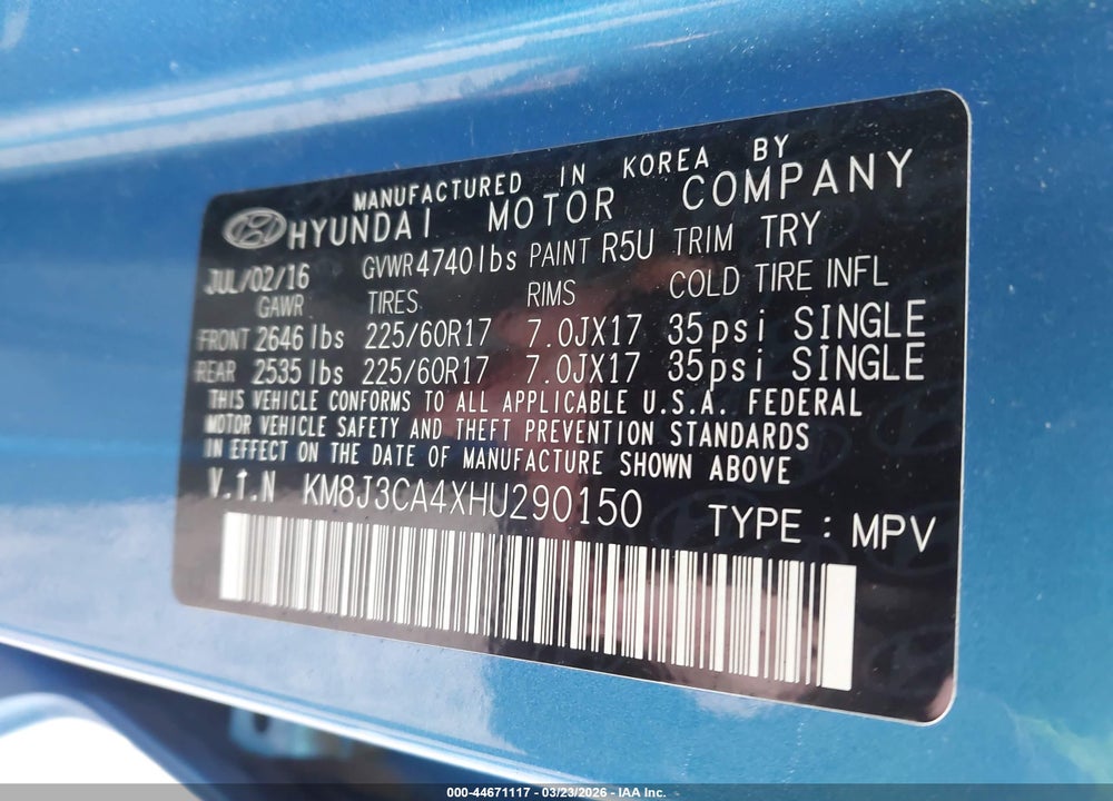 2017 HYUNDAI TUCSON SE VIN: KM8J3CA4XHU290150
