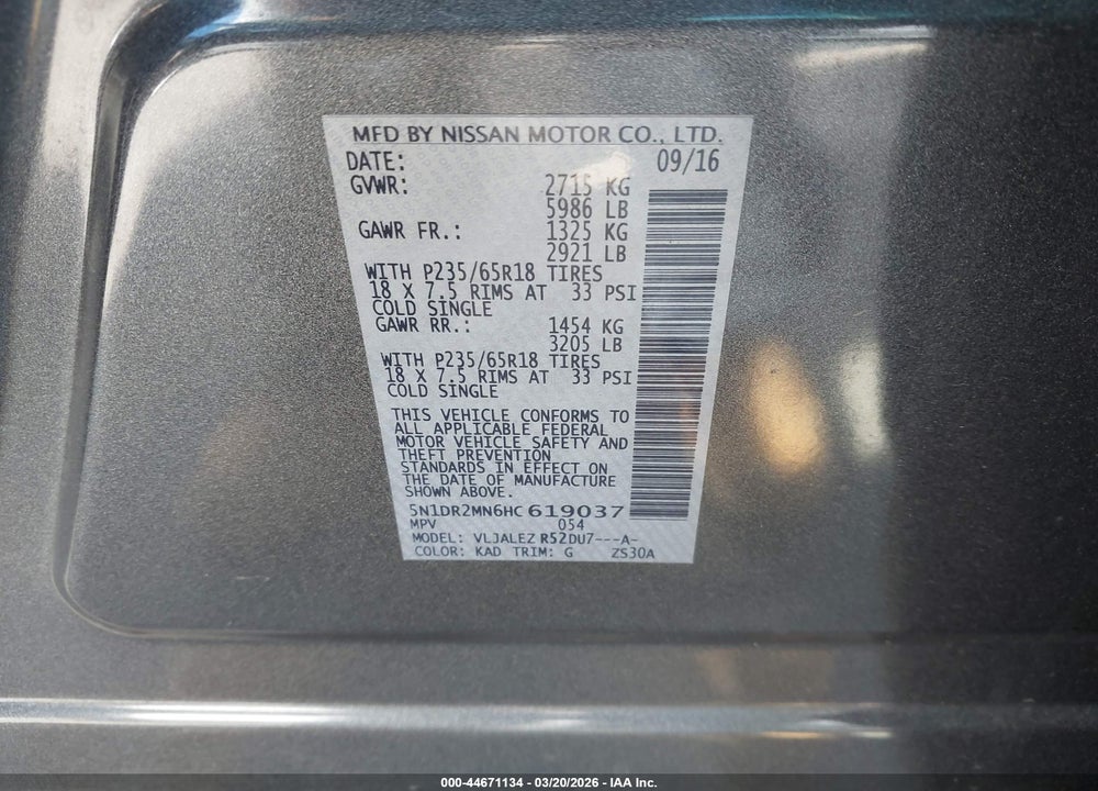 2017 NISSAN PATHFINDER SV VIN: 5N1DR2MN6HC619037