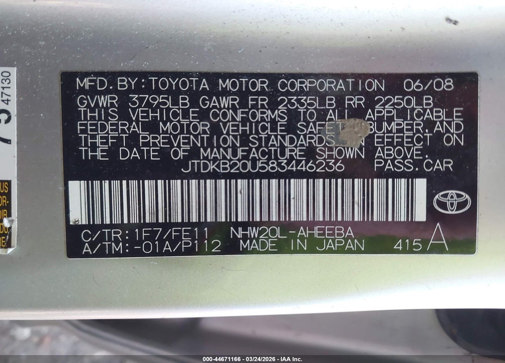 2008 TOYOTA PRIUS VIN: JTDKB20U583446236