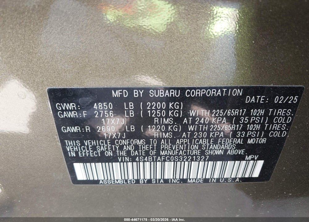 2025 SUBARU OUTBACK PREMIUM VIN: 4S4BTAFC0S3221327