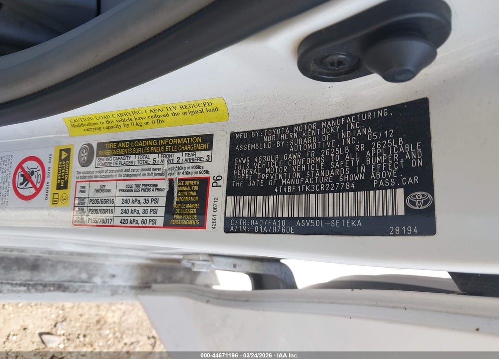 2012 TOYOTA CAMRY L VIN: 4T4BF1FK3CR227784