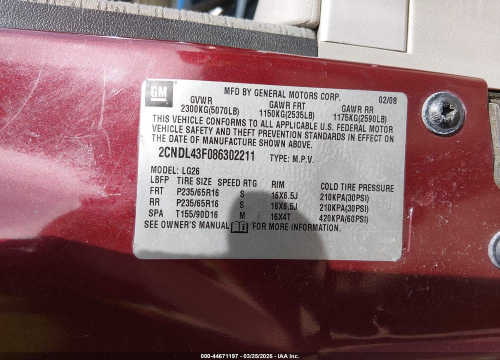 2008 CHEVROLET EQUINOX LT VIN: 2CNDL43F086302211