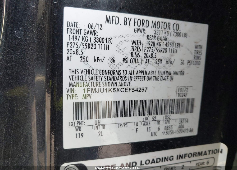 2012 FORD EXPEDITION LIMITED VIN: 1FMJU1K5XCEF54267
