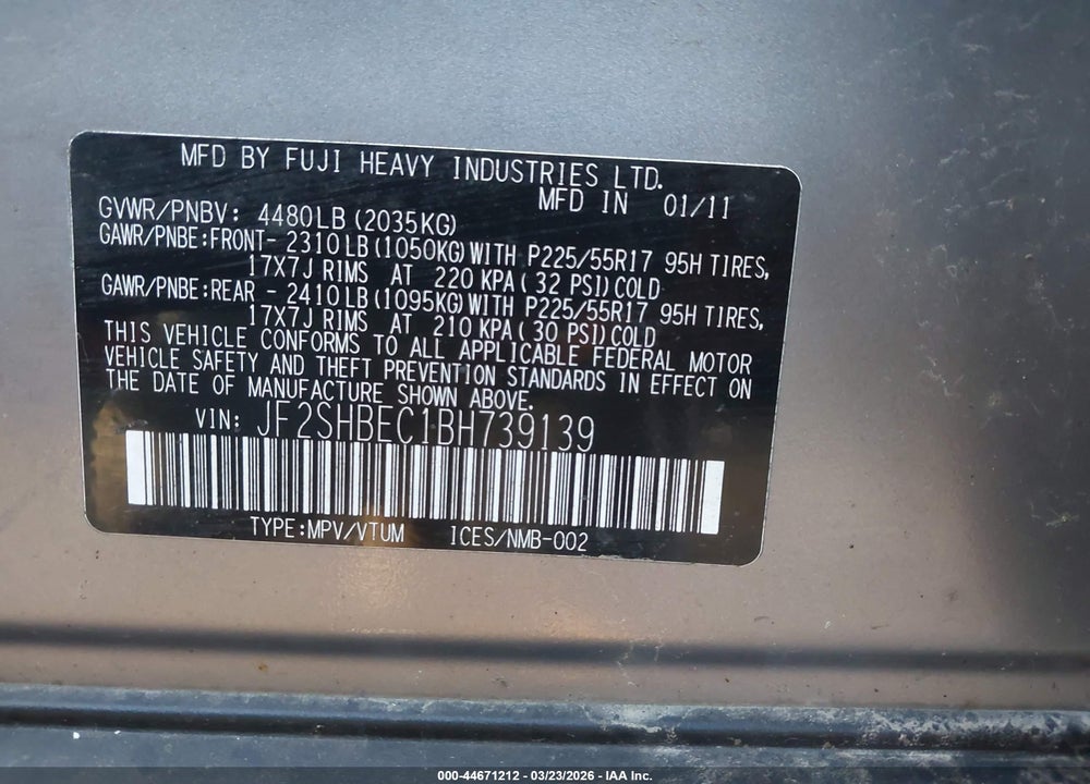 2011 SUBARU FORESTER 2.5X LIMITED VIN: JF2SHBEC1BH739139