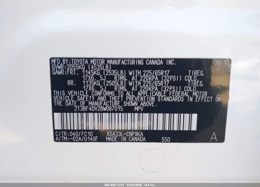 2011 TOYOTA RAV4 VIN: 2T3BF4DV2BW087015