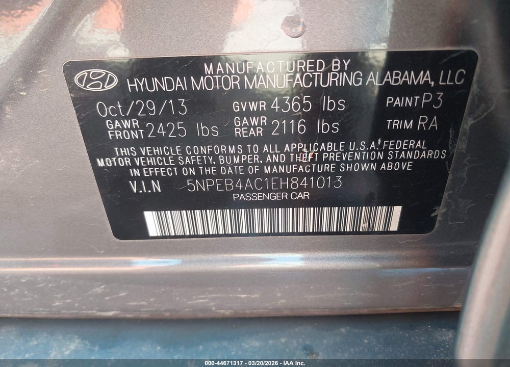 2014 HYUNDAI SONATA GLS VIN: 5NPEB4AC1EH841013