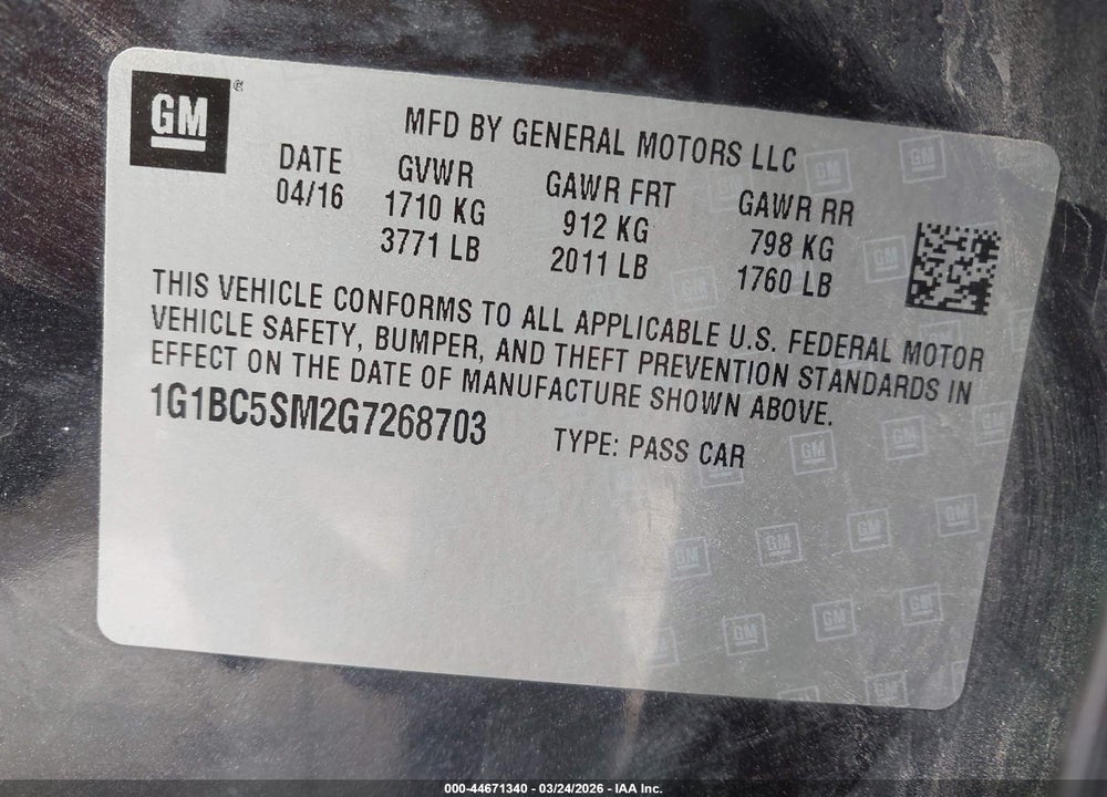 2016 CHEVROLET CRUZE LS AUTO VIN: 1G1BC5SM2G7268703