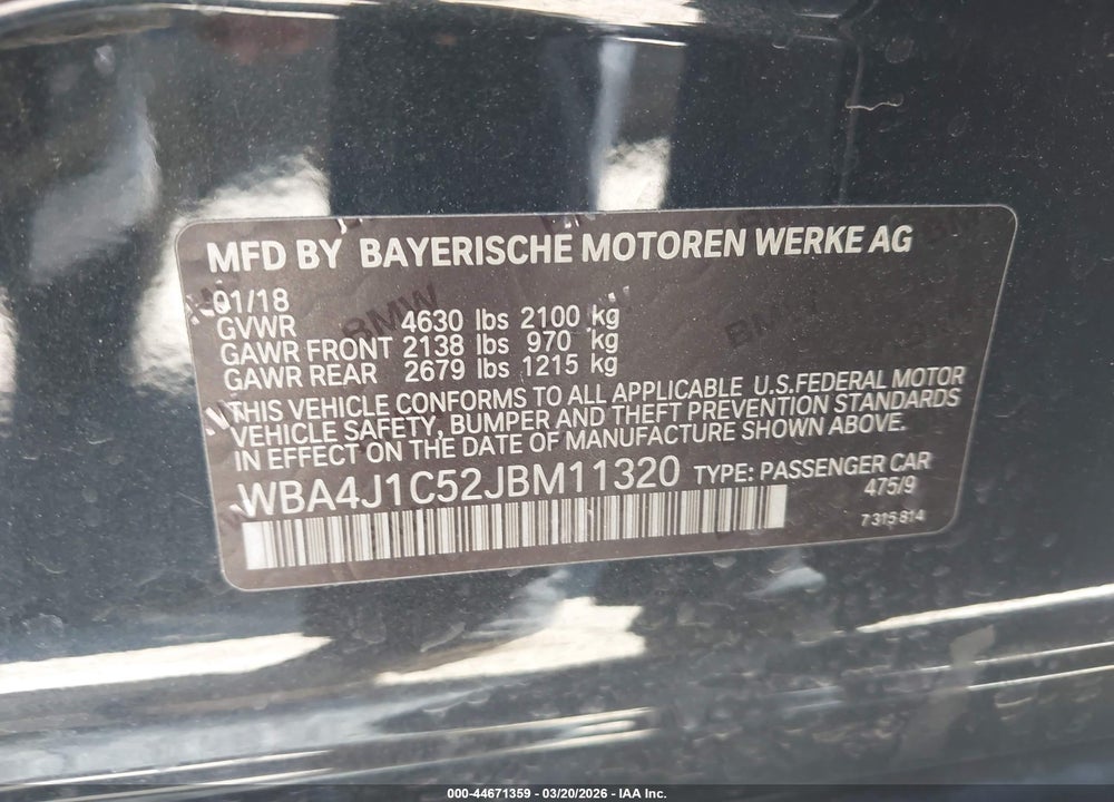 2018 BMW 430I GRAN VIN: WBA4J1C52JBM11320
