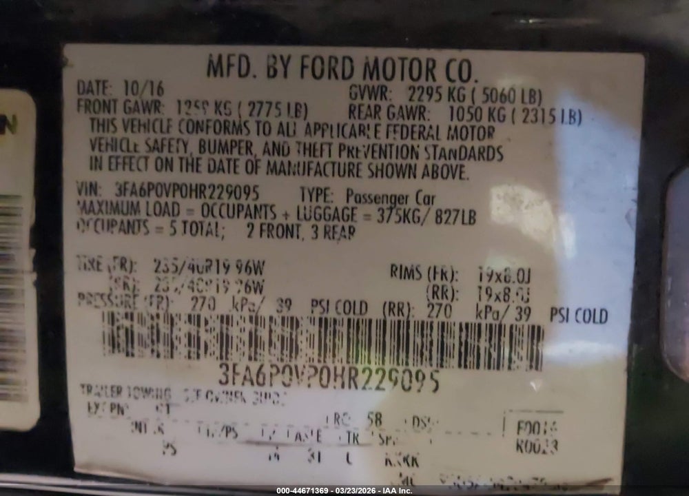 2017 FORD FUSION SPORT VIN: 3FA6P0VP0HR229095