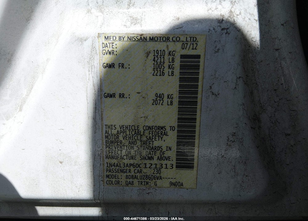 2013 NISSAN ALTIMA 2.5 SV VIN: 1N4AL3AP6DC121313