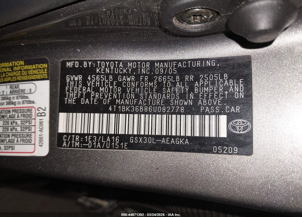 2006 TOYOTA AVALON XLS VIN: 4T1BK36B86U082778