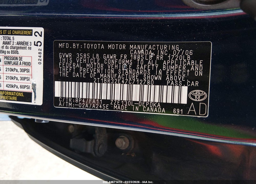 2007 TOYOTA COROLLA CE VIN: 2T1BR32E47C712780