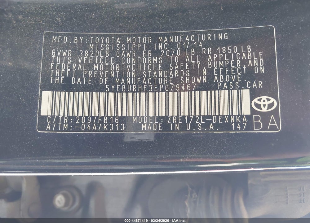 2014 TOYOTA COROLLA LE VIN: 5YFBURHE3EP079467