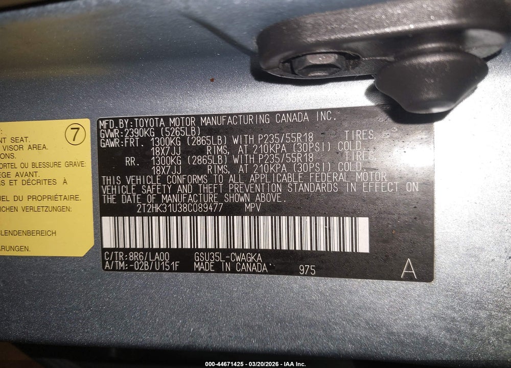 2008 LEXUS RX 350 VIN: 2T2HK31U38C089477