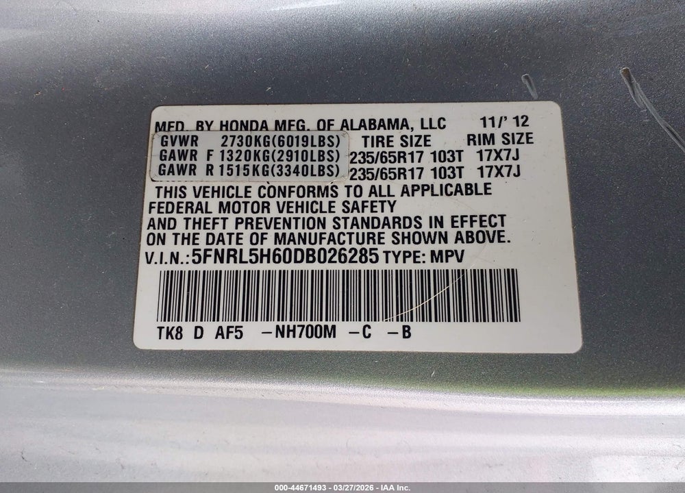 2013 HONDA ODYSSEY EX-L VIN: 5FNRL5H60DB026285