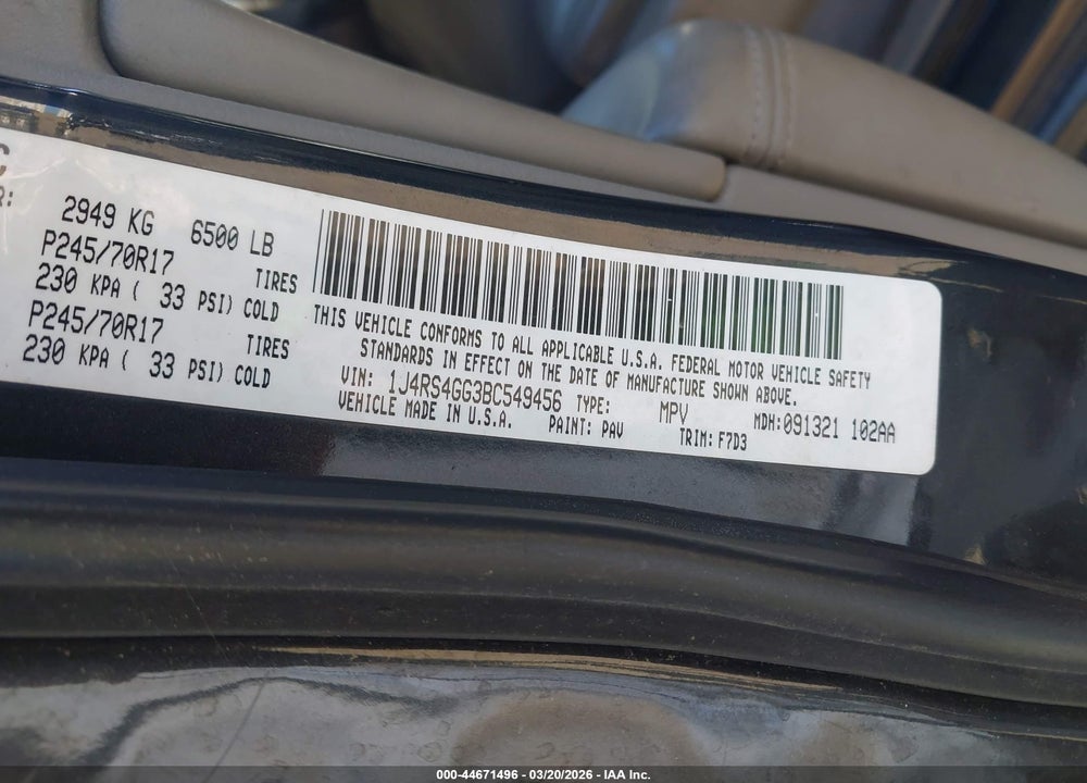 2011 JEEP GRAND CHEROKEE LAREDO VIN: 1J4RS4GG3BC549456