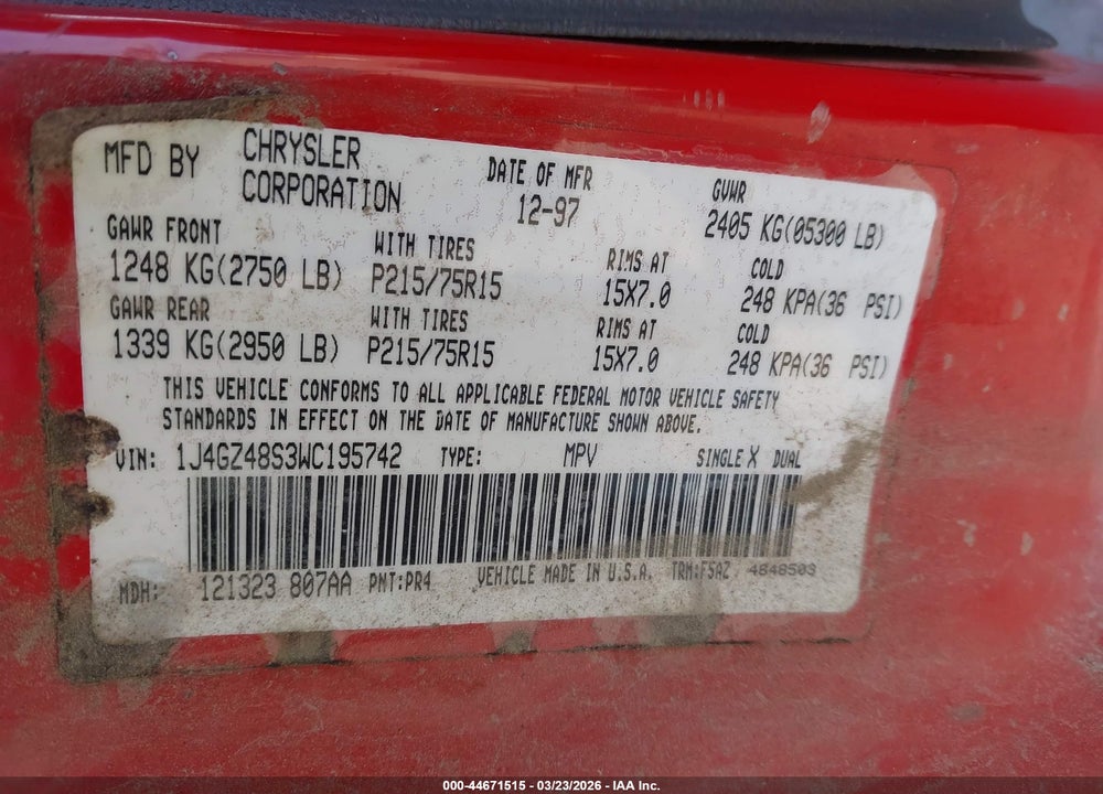 1998 JEEP GRAND CHEROKEE LAREDO VIN: 1J4GZ48S3WC195742