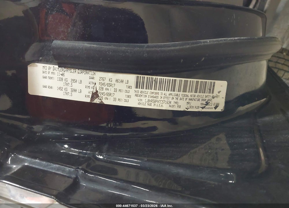 2007 JEEP GRAND CHEROKEE LIMITED VIN: 1J8HR58PX7C571634