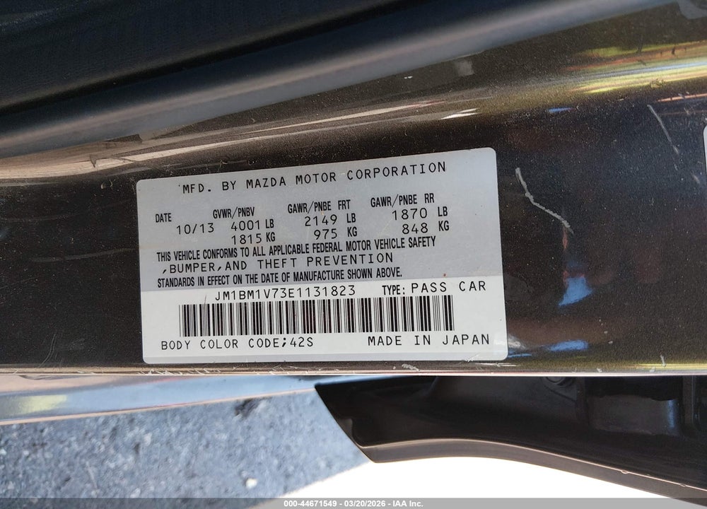 2014 MAZDA 3 I TOURING VIN: JM1BM1V73E1131823