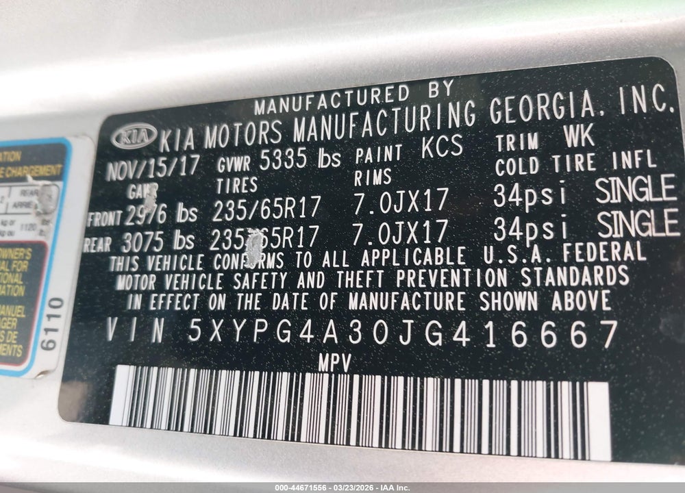 2018 KIA SORENTO 2.4L LX VIN: 5XYPG4A30JG416667