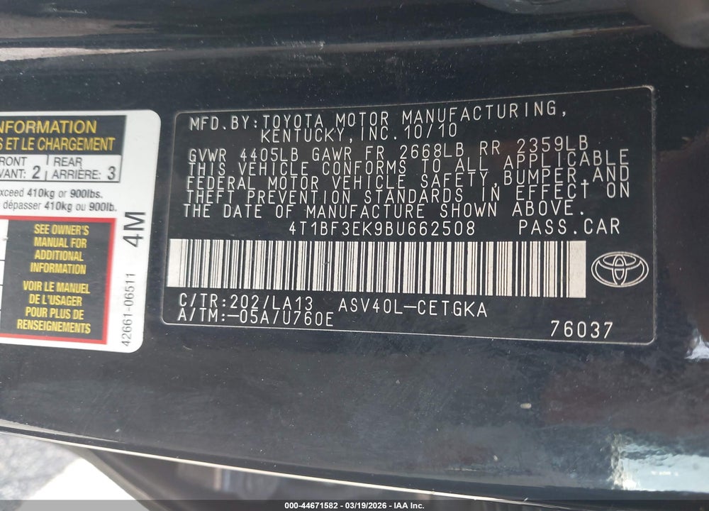 2011 TOYOTA CAMRY XLE VIN: 4T1BF3EK9BU662508