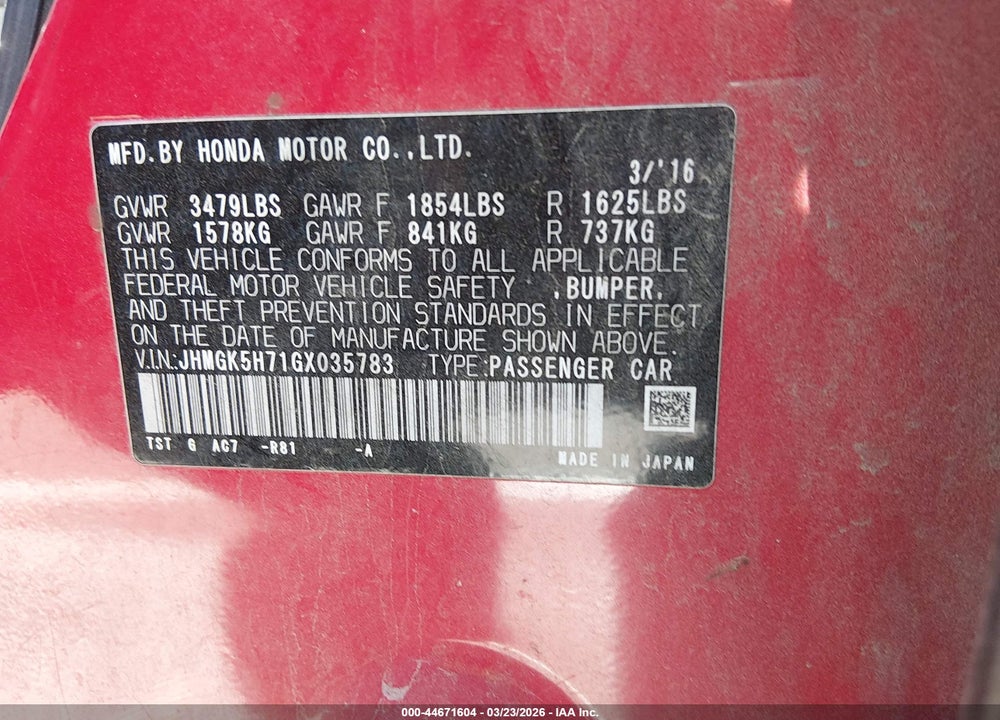 2016 HONDA FIT EX VIN: JHMGK5H71GX035783