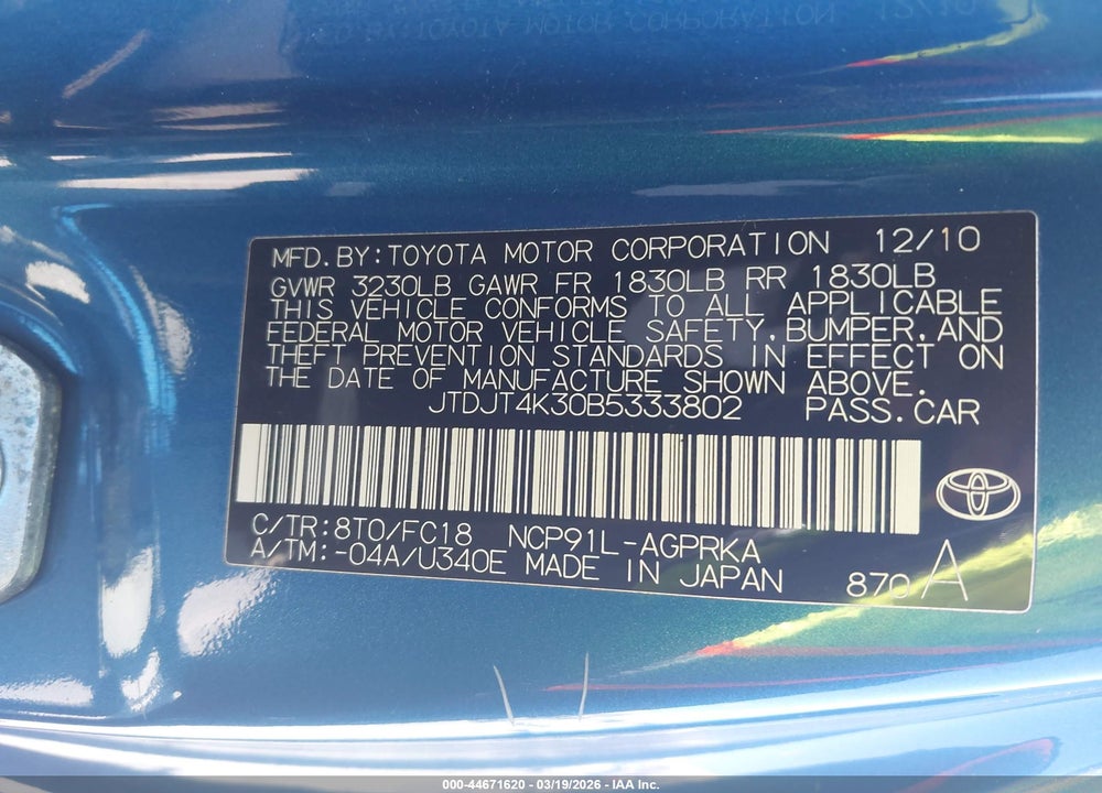 2011 TOYOTA YARIS VIN: JTDJT4K30B5333802