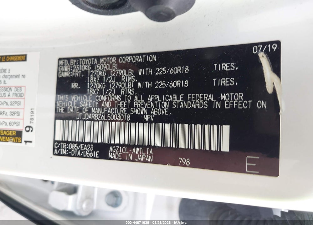 2020 LEXUS NX 300 VIN: JTJDARBZ6L5003018