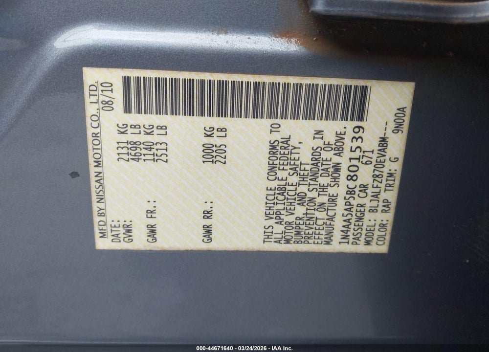2011 NISSAN MAXIMA 3.5 SV VIN: 1N4AA5AP5BC801539