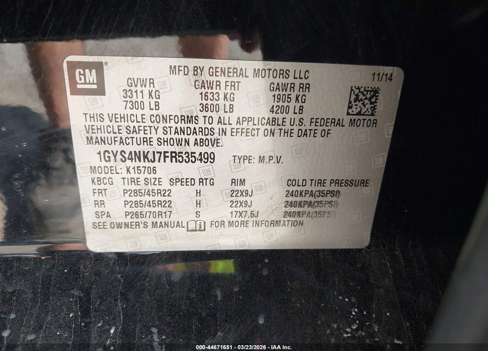 2015 CADILLAC ESCALADE PREMIUM VIN: 1GYS4NKJ7FR535499