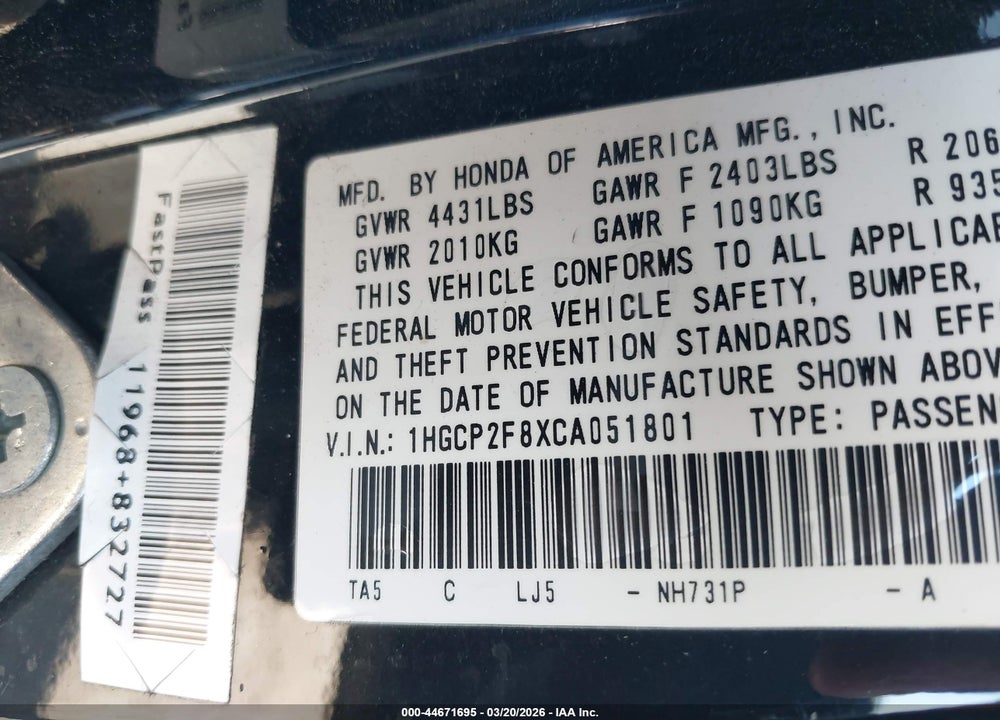 2012 HONDA ACCORD EXL VIN: 1HGCP2F8XCA051801