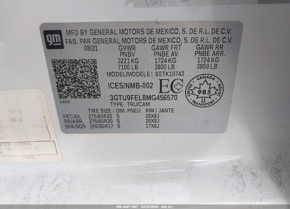 2021 GMC SIERRA VIN: 3GTU9FEL8MG456570