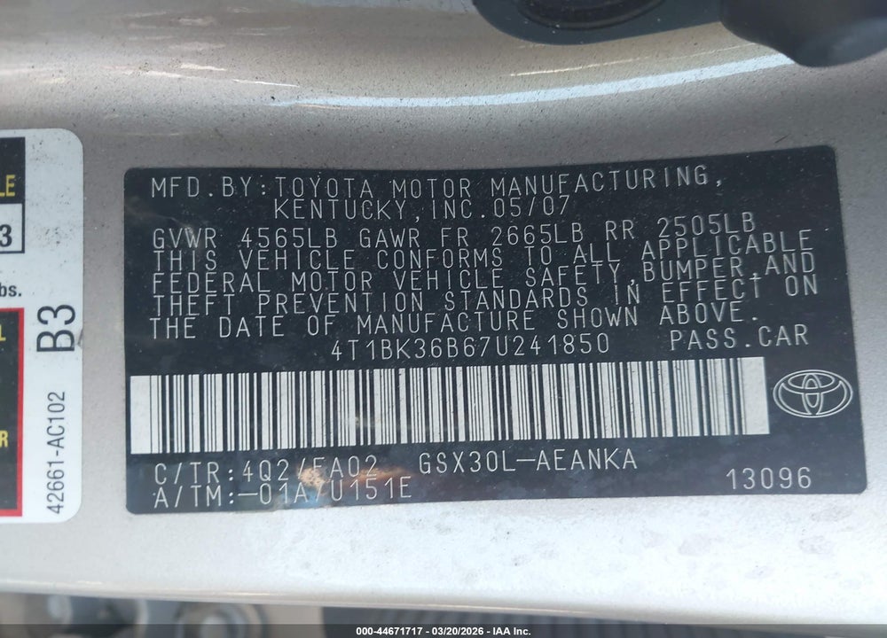 2007 TOYOTA AVALON XL VIN: 4T1BK36B67U241850