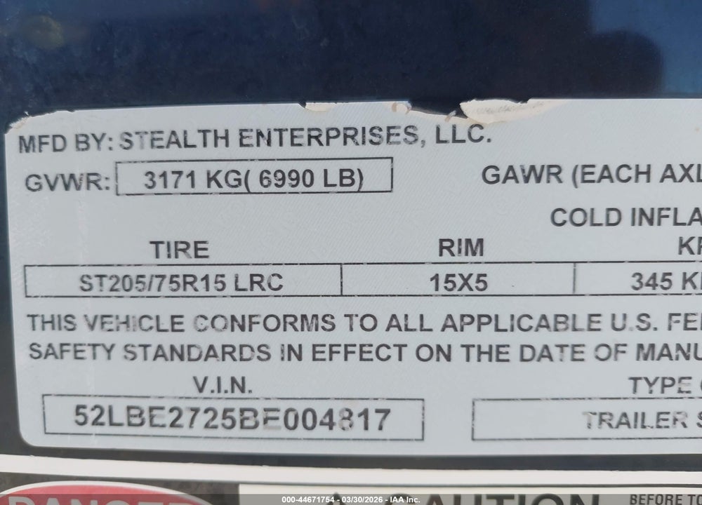 2011 OTHER VIN: 52LBE2725BE004817